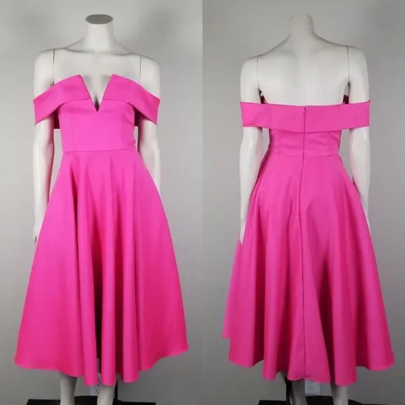 jay godfrey hot pink dress Jay Godfrey Hot Pink Hays Off-The-Shoulder Pleated Midi Full Skirt Dress  Size 4